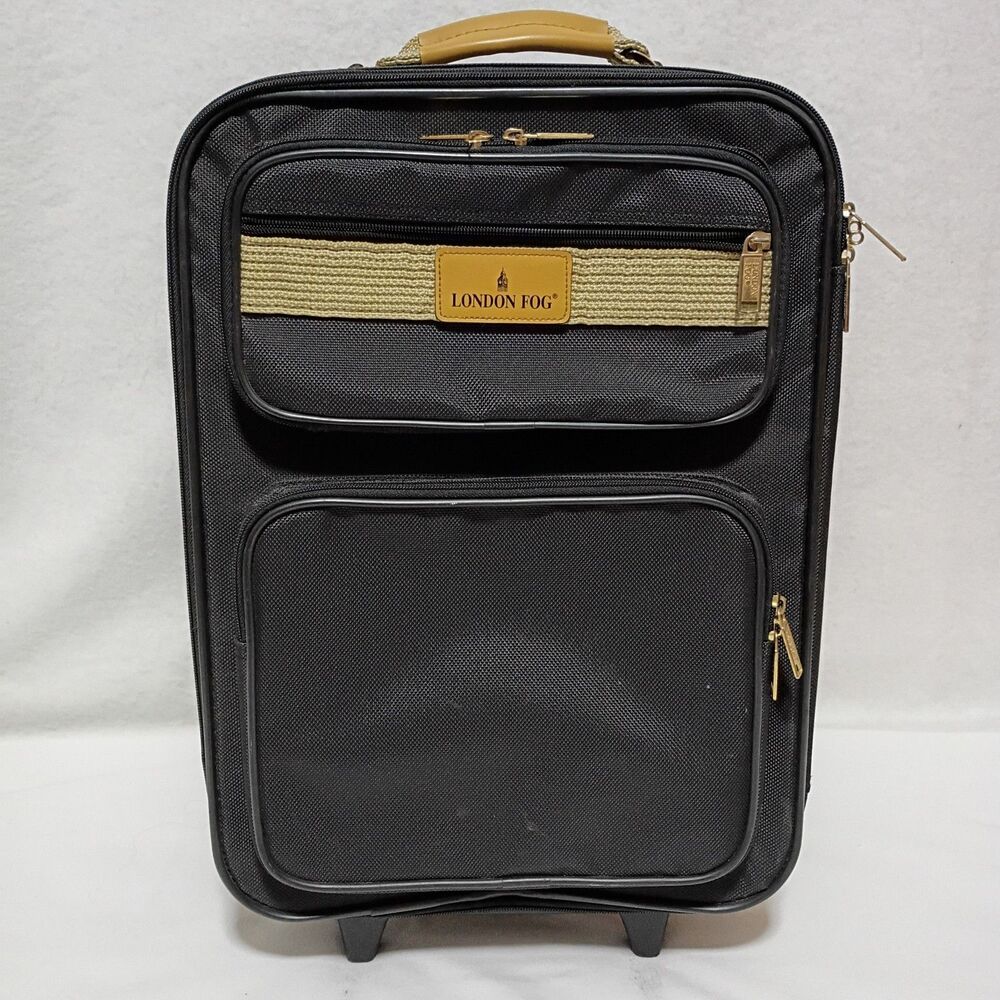 London Fog Carry On 20x14x9 Suitcase Luggage Travel Black Tan Tilt And Roll